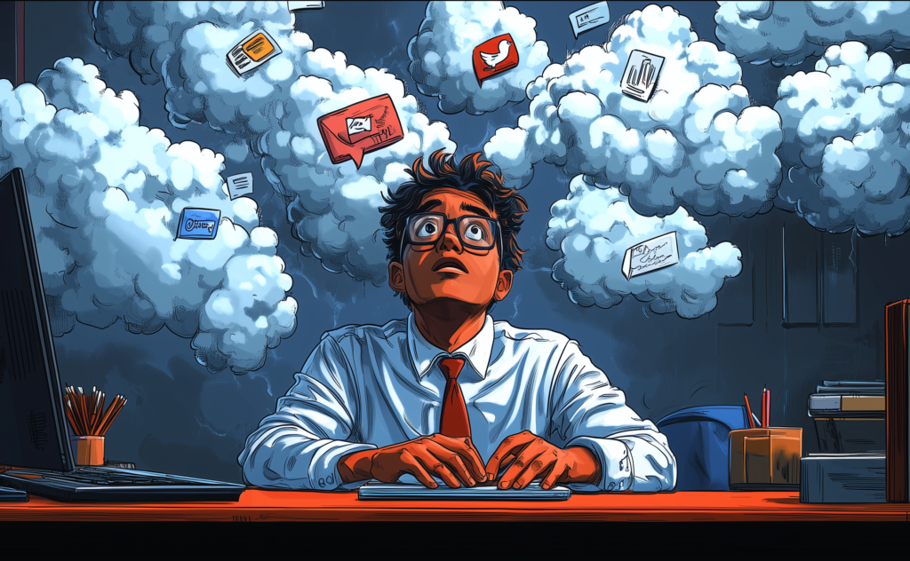 A confused business owner sitting at his desk with storm clouds over his head.