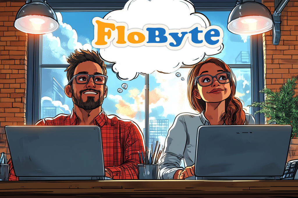 A man and a woman smiling with a thought bubble above their head containing the FloByte Digital logo.